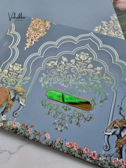 Hathi Hindu Muslim Christian Sikh Padded greyish green Colored invitation Cards SK-3458