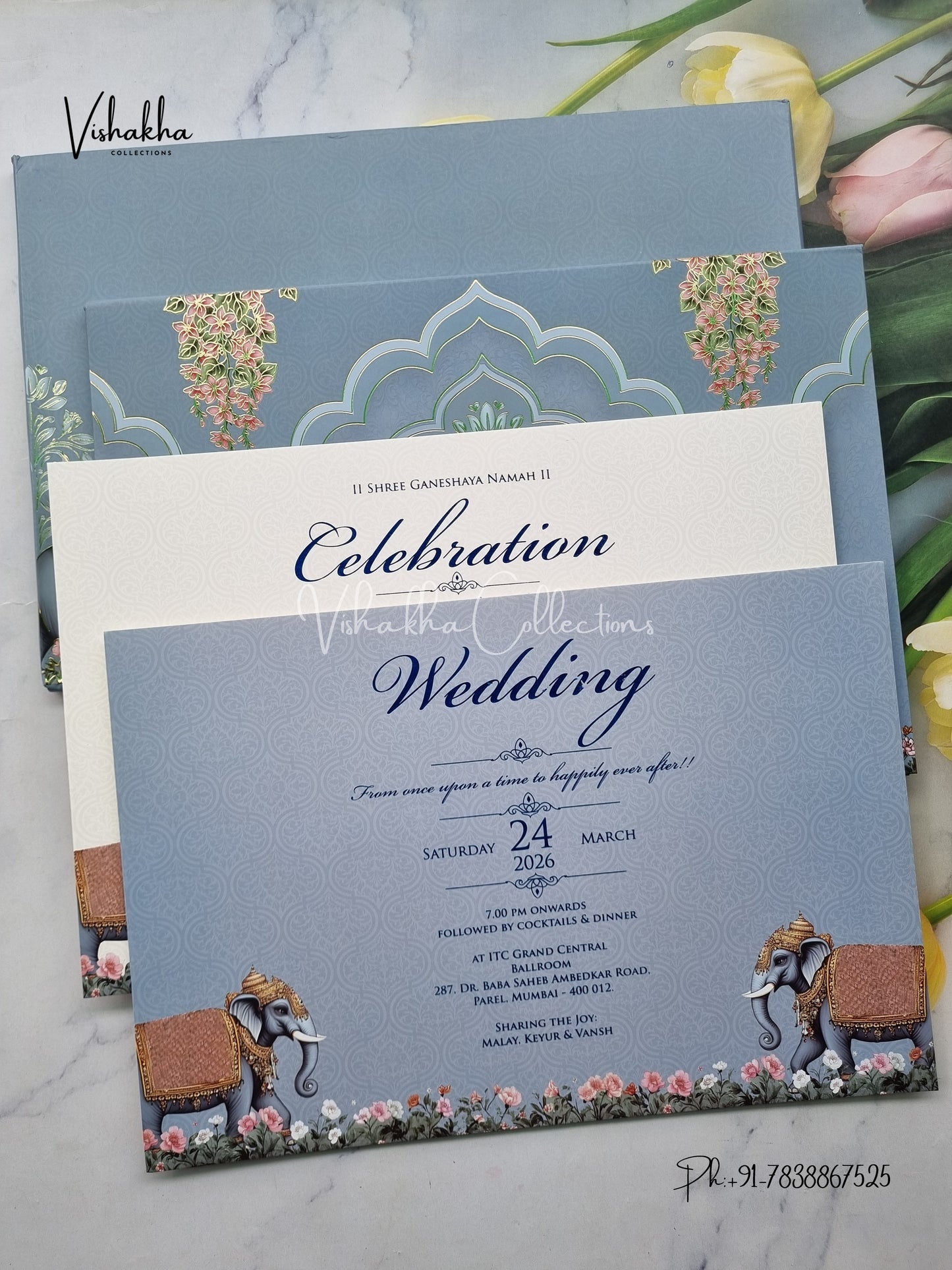 Hathi Hindu Muslim Christian Sikh Padded greyish green Colored invitation Cards SK-3458