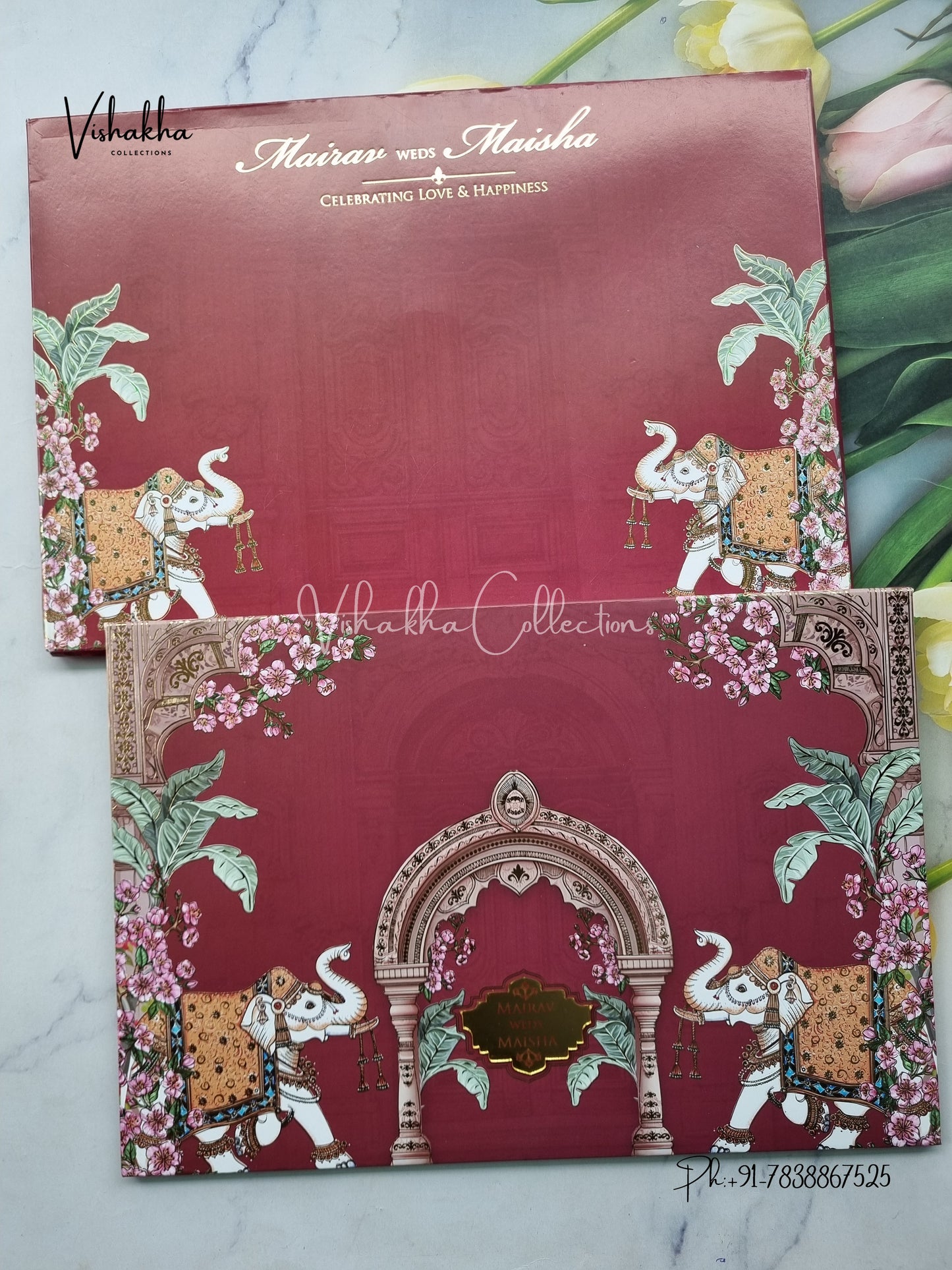 Hathi Hindu Muslim Christian Sikh Padded mehroon Colored invitation Cards SK-3461
