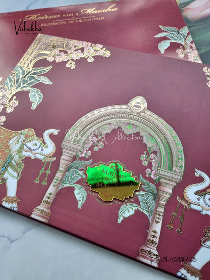 Hathi Hindu Muslim Christian Sikh Padded mehroon Colored invitation Cards SK-3461