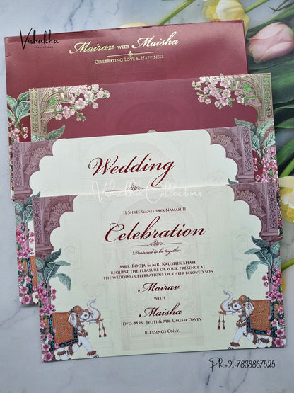 Hathi Hindu Muslim Christian Sikh Padded mehroon Colored invitation Cards SK-3461