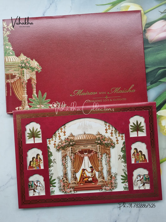 Hathi Hindu Muslim Christian Sikh Padded MDF Board Laser Cut mehroon Colored invitation Cards SK-3462