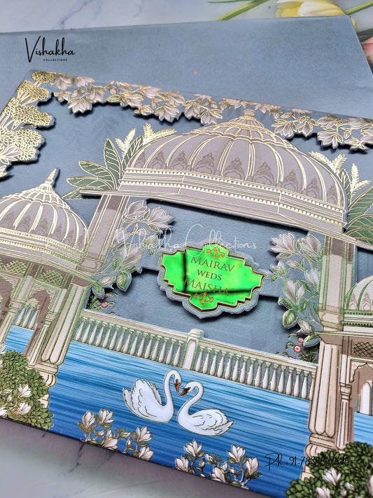 Hindu Muslim Christian Sikh Padded MDF Board Laser Cut greyish blue Colored invitation Cards SK-3463