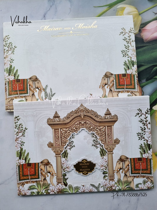 Hathi Hindu Muslim Christian Sikh Padded white Colored invitation Cards SK-3464