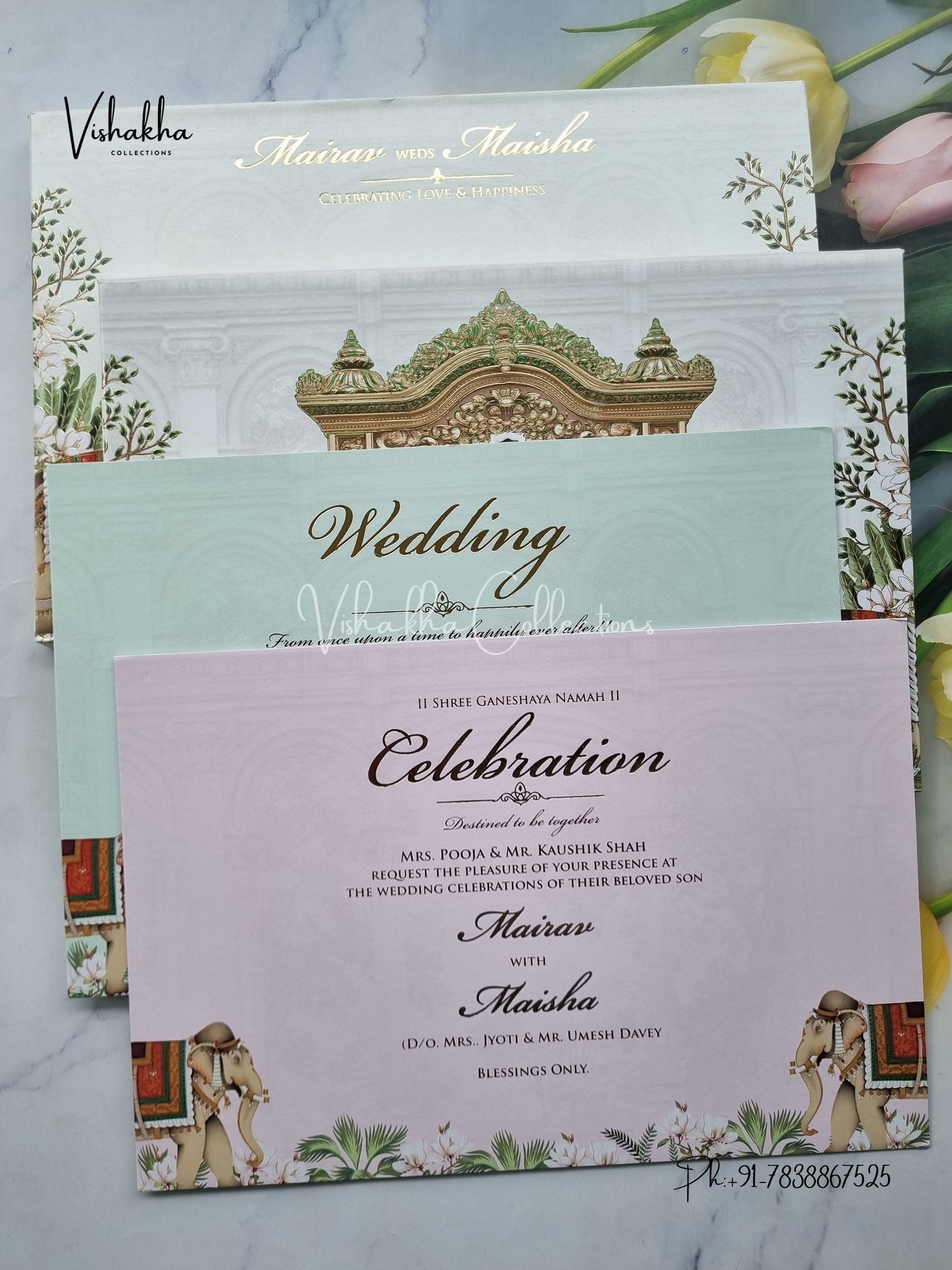 Hathi Hindu Muslim Christian Sikh Padded white Colored invitation Cards SK-3464