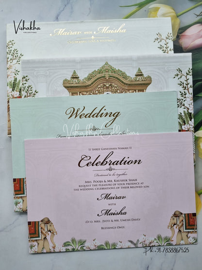 Hathi Hindu Muslim Christian Sikh Padded white Colored invitation Cards SK-3464