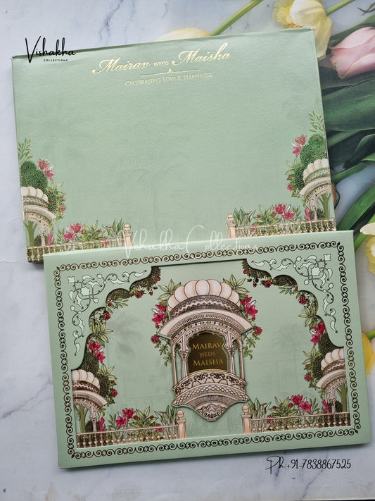 Hindu Muslim Christian Sikh Padded pista green Colored invitation Cards SK-3465