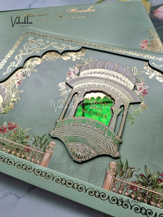 Hindu Muslim Christian Sikh Padded pista green Colored invitation Cards SK-3465