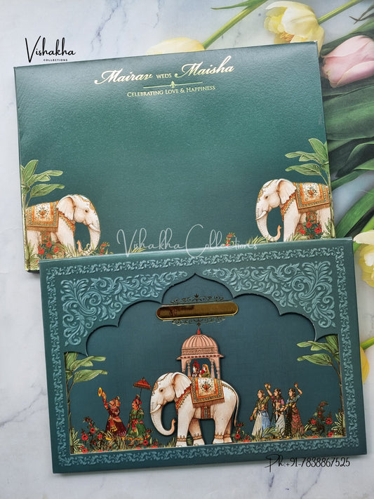 Hathi Hindu Muslim Christian Sikh Padded dark green Colored invitation Cards SK-3466