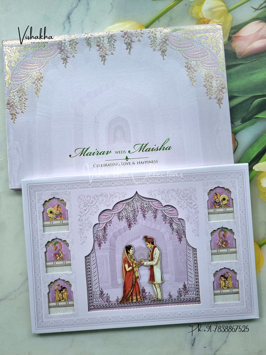 Hindu Muslim Christian Sikh Padded liliac Colored invitation Cards SK-3467