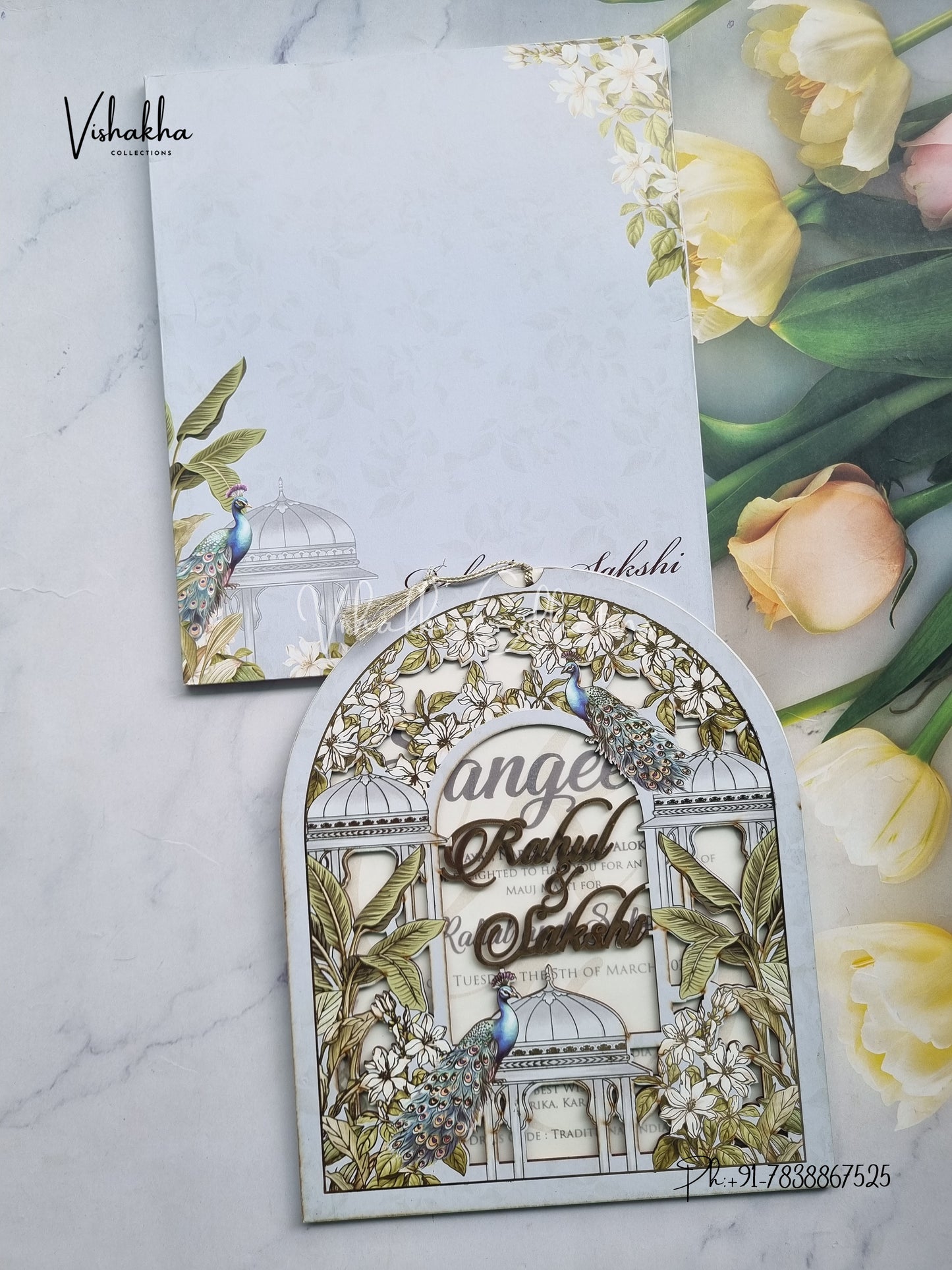 Peacock Semi Box Flower Hindu Muslim Christian Sikh Named MDF Laser Cut blue Colored invitation Cards SK-3469
