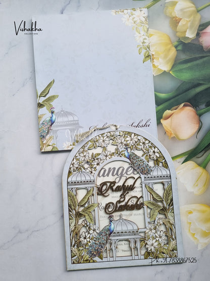 Peacock Semi Box Flower Hindu Muslim Christian Sikh Named MDF Laser Cut blue Colored invitation Cards SK-3469