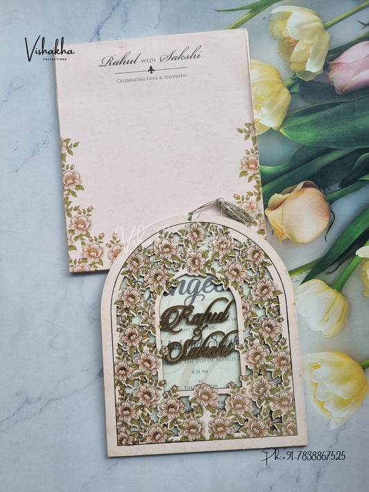 Semi Box Flower Hindu Muslim Christian Sikh Named MDF Laser Cut Vellum Paper pink Colored invitation Cards SK-3470