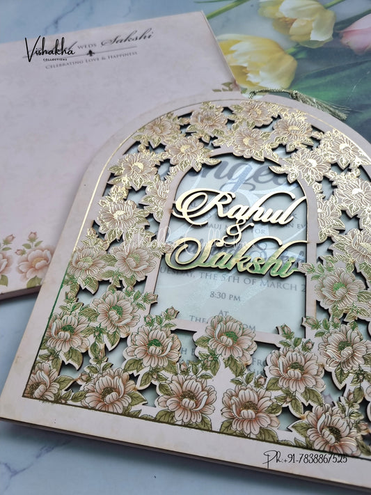 Semi Box Flower Hindu Muslim Christian Sikh Named MDF Laser Cut Vellum Paper pink Colored invitation Cards SK-3470