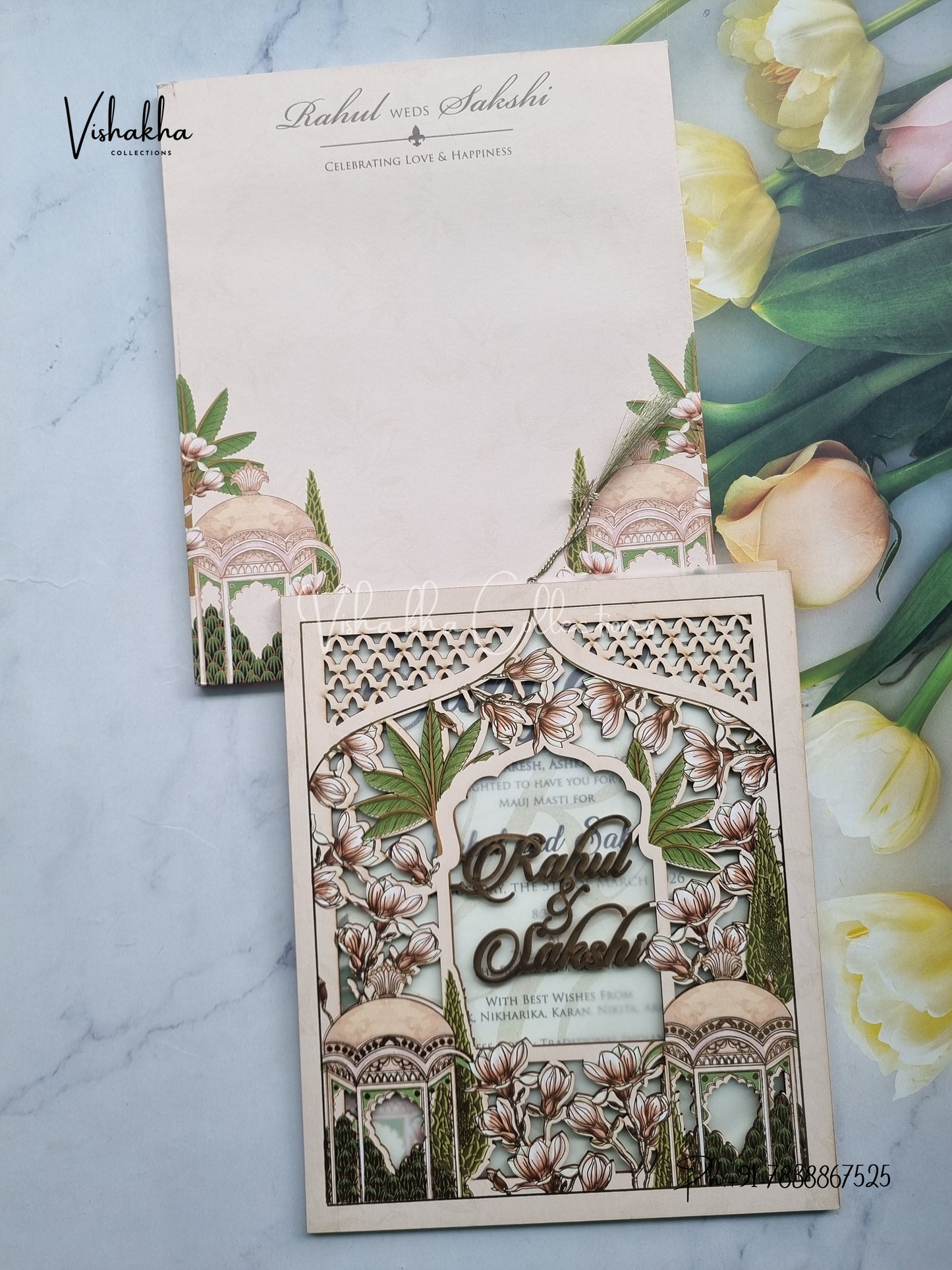 Semi Box Flower Hindu Muslim Christian Sikh Named MDF Laser Cut Vellum Paper light pink Colored invitation Cards SK-3471