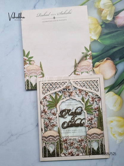 Semi Box Flower Hindu Muslim Christian Sikh Named MDF Laser Cut Vellum Paper light pink Colored invitation Cards SK-3471