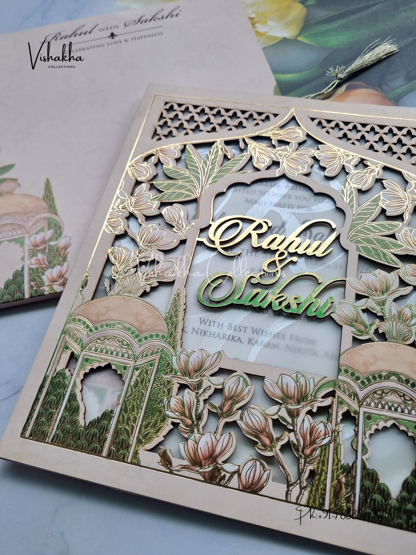 Semi Box Flower Hindu Muslim Christian Sikh Named MDF Laser Cut Vellum Paper light pink Colored invitation Cards SK-3471