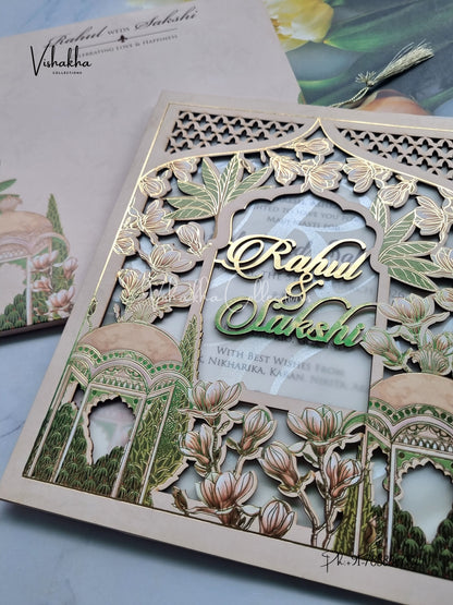 Semi Box Flower Hindu Muslim Christian Sikh Named MDF Laser Cut Vellum Paper light pink Colored invitation Cards SK-3471