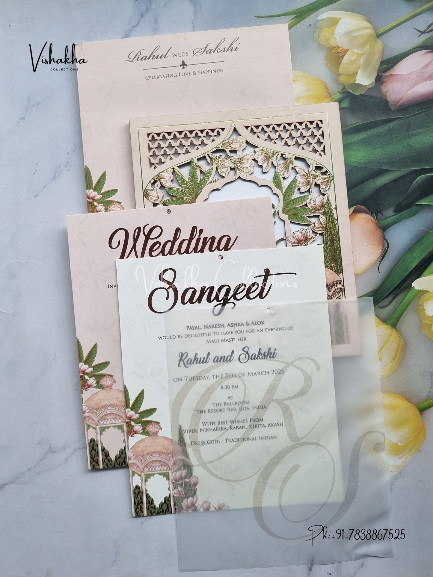 Semi Box Flower Hindu Muslim Christian Sikh Named MDF Laser Cut Vellum Paper light pink Colored invitation Cards SK-3471