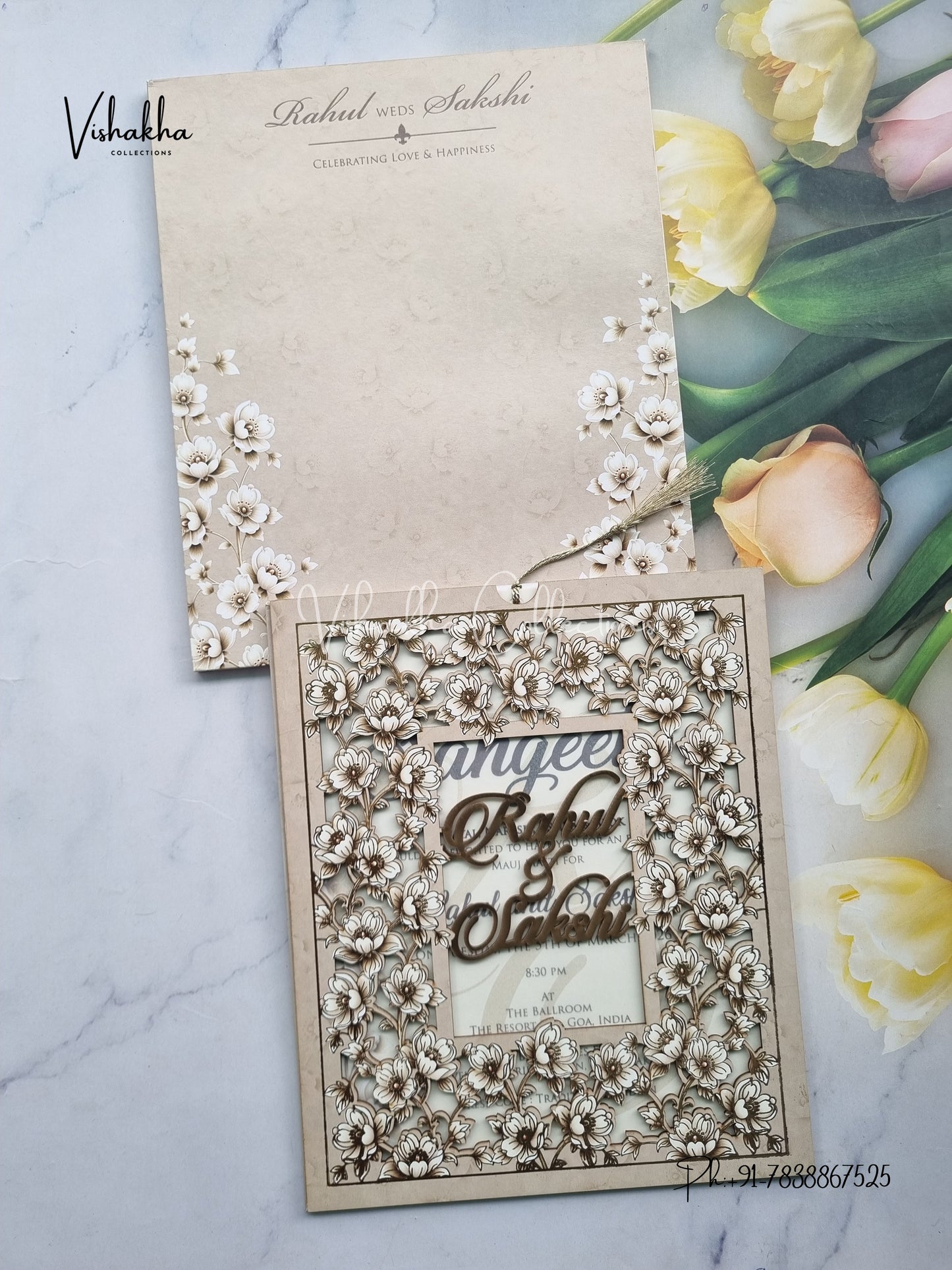 Semi Box Flower Hindu Muslim Christian Sikh Named MDF Laser Cut Vellum Paper grey Colored invitation Cards SK-3472