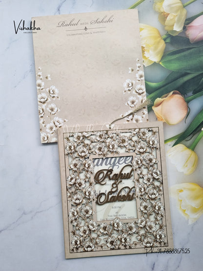 Semi Box Flower Hindu Muslim Christian Sikh Named MDF Laser Cut Vellum Paper grey Colored invitation Cards SK-3472