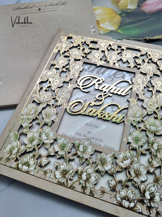 Semi Box Flower Hindu Muslim Christian Sikh Named MDF Laser Cut Vellum Paper grey Colored invitation Cards SK-3472