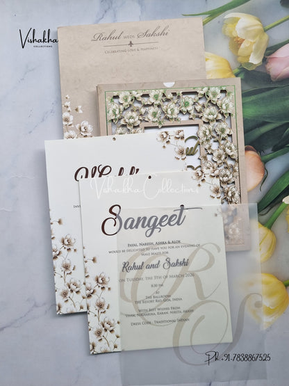 Semi Box Flower Hindu Muslim Christian Sikh Named MDF Laser Cut Vellum Paper grey Colored invitation Cards SK-3472
