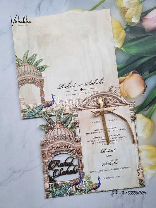 Peacock Semi Box Hindu Muslim Christian Sikh Named MDF Laser Cut light yellow Colored invitation Cards SK-3475