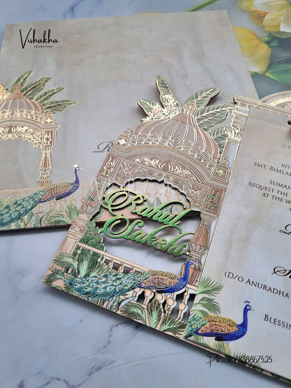 Peacock Semi Box Hindu Muslim Christian Sikh Named MDF Laser Cut light yellow Colored invitation Cards SK-3475