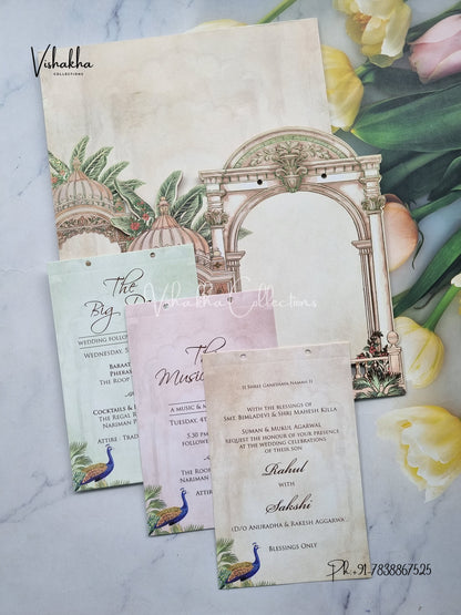 Peacock Semi Box Hindu Muslim Christian Sikh Named MDF Laser Cut light yellow Colored invitation Cards SK-3475