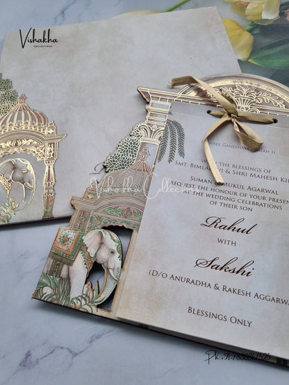 Semi Box Hathi Hindu Muslim Christian Sikh MDF Board Laser Cut grey Colored invitation Cards SK-3476