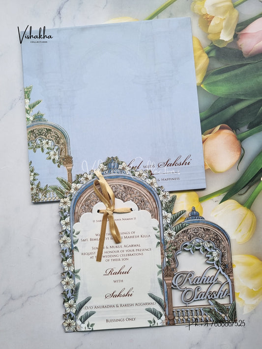 Semi Box Flower Hindu Muslim Christian Sikh Named MDF Laser Cut blue Colored invitation Cards SK-3477