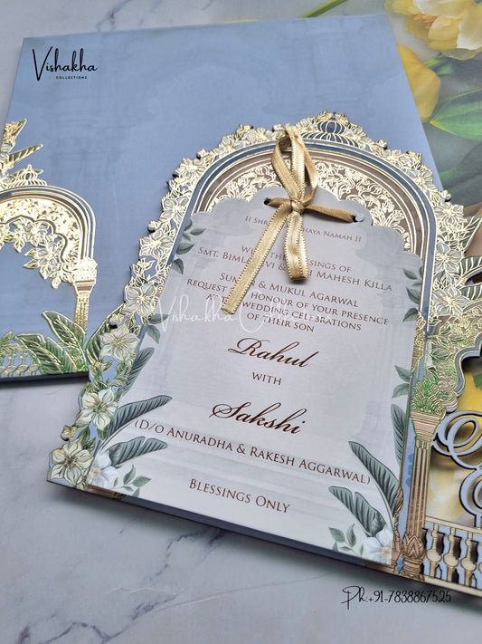 Semi Box Flower Hindu Muslim Christian Sikh Named MDF Laser Cut blue Colored invitation Cards SK-3477