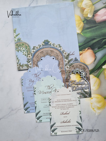 Semi Box Flower Hindu Muslim Christian Sikh Named MDF Laser Cut blue Colored invitation Cards SK-3477