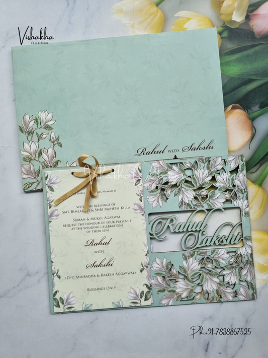 Semi Box Flower Hindu Muslim Christian Sikh Named MDF Laser Cut pista green Colored invitation Cards SK-3478
