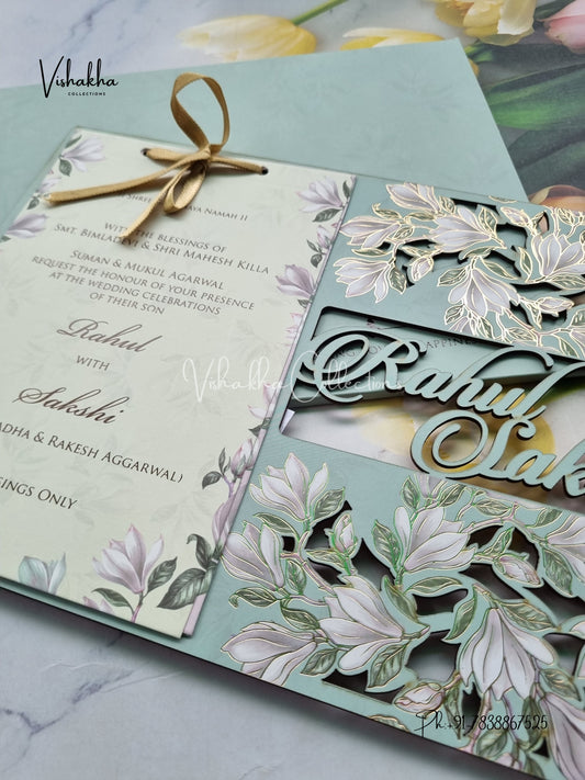 Semi Box Flower Hindu Muslim Christian Sikh Named MDF Laser Cut pista green Colored invitation Cards SK-3478