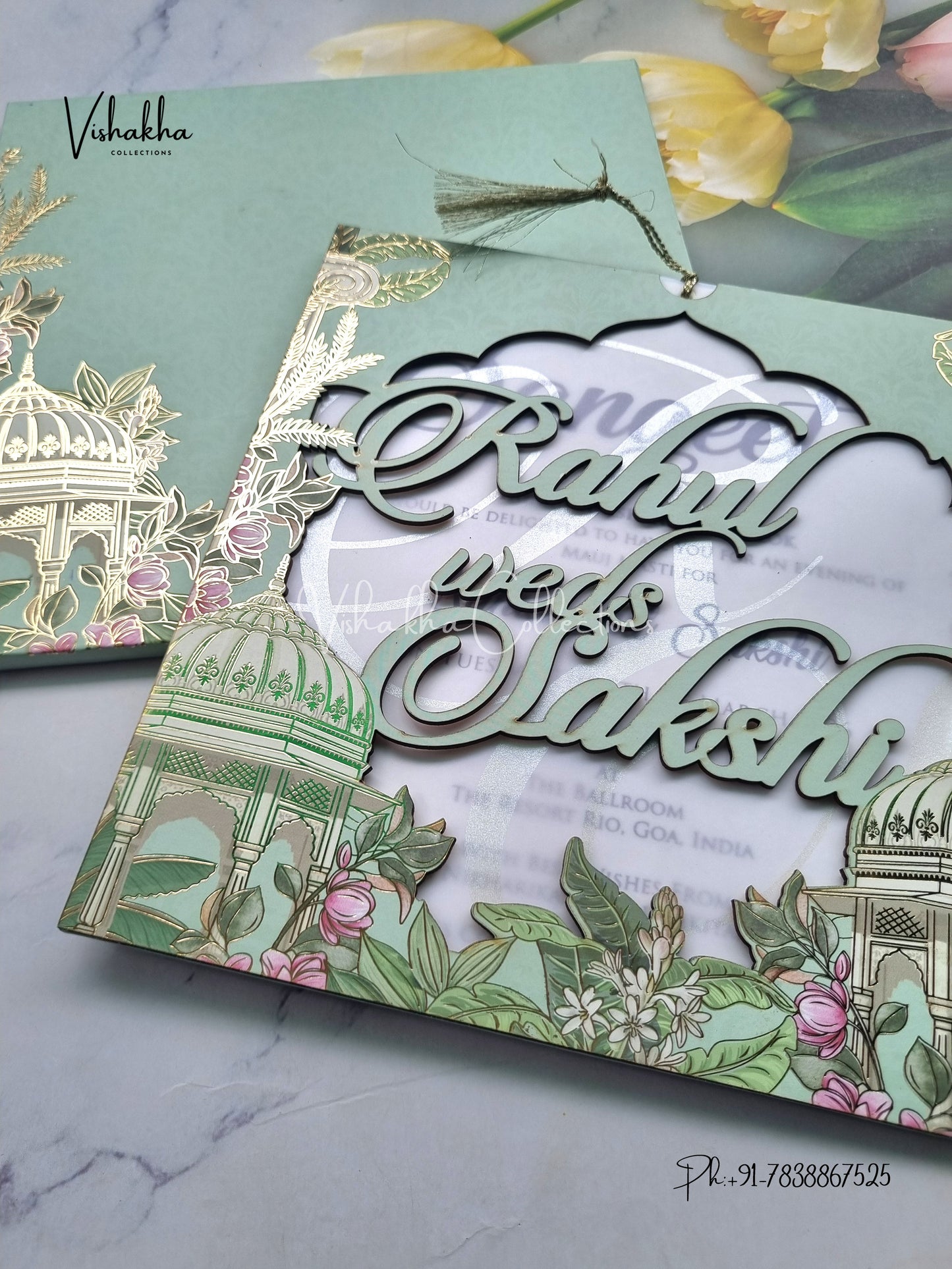 Semi Box Flower Hindu Muslim Christian Sikh Named MDF Laser Cut Vellum Paper pista green Colored invitation Cards SK-3479