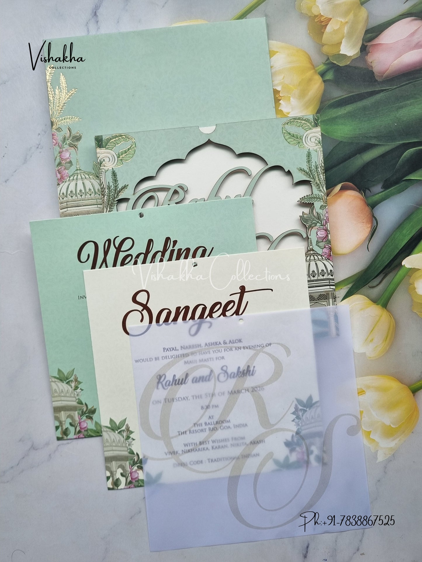 Semi Box Flower Hindu Muslim Christian Sikh Named MDF Laser Cut Vellum Paper pista green Colored invitation Cards SK-3479