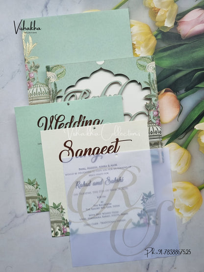 Semi Box Flower Hindu Muslim Christian Sikh Named MDF Laser Cut Vellum Paper pista green Colored invitation Cards SK-3479