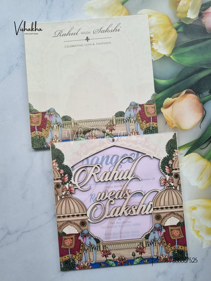 Semi Box Flower Hindu Muslim Christian Sikh Named MDF Laser Cut Vellum Paper light yellow Colored invitation Cards SK-3480