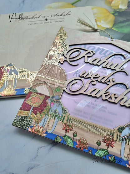 Semi Box Flower Hindu Muslim Christian Sikh Named MDF Laser Cut Vellum Paper light yellow Colored invitation Cards SK-3480