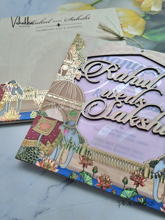 Semi Box Flower Hindu Muslim Christian Sikh Named MDF Laser Cut Vellum Paper light yellow Colored invitation Cards SK-3480