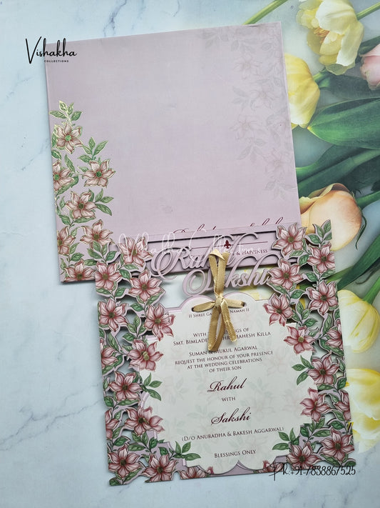 Semi Box Flower Hindu Muslim Christian Sikh Named MDF Laser Cut purple Colored invitation Cards SK-3481
