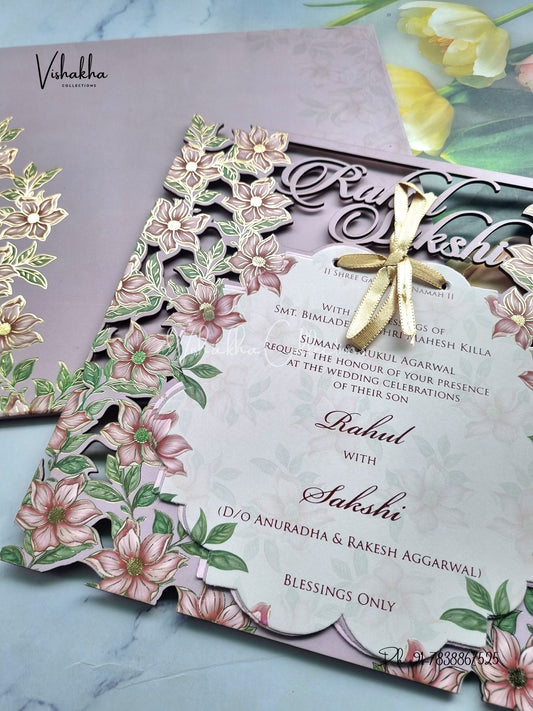 Semi Box Flower Hindu Muslim Christian Sikh Named MDF Laser Cut purple Colored invitation Cards SK-3481