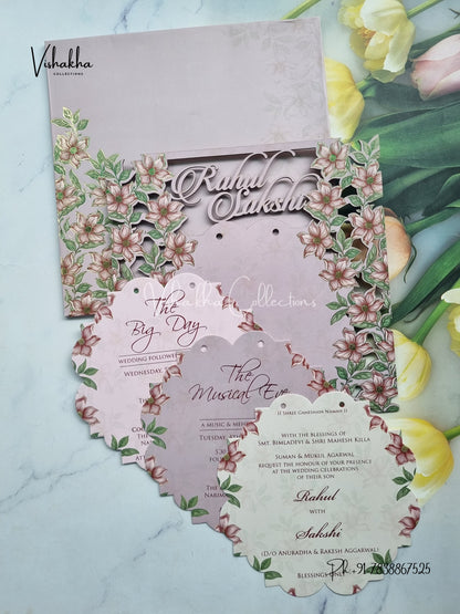 Semi Box Flower Hindu Muslim Christian Sikh Named MDF Laser Cut purple Colored invitation Cards SK-3481