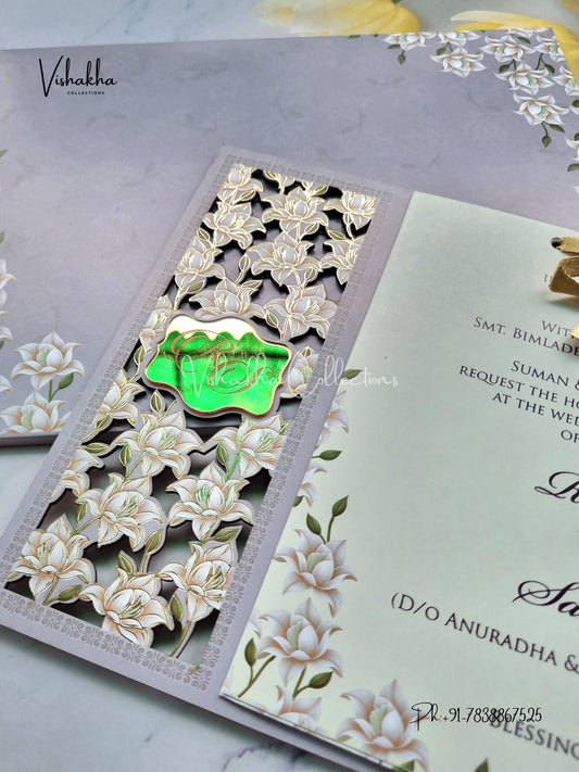 Semi Box Flower Hindu Muslim Christian Sikh Named MDF Laser Cut grey Colored invitation Cards SK-3482