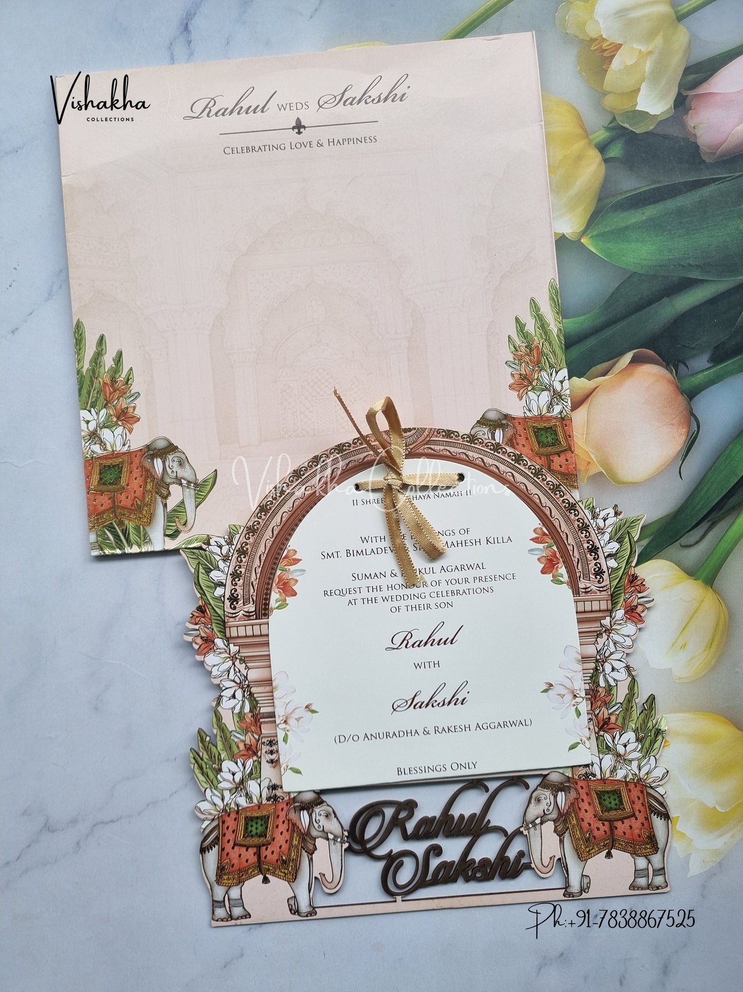 Semi Box Hathi Hindu Muslim Christian Sikh Named MDF Laser Cut peach Colored invitation Cards SK-3483