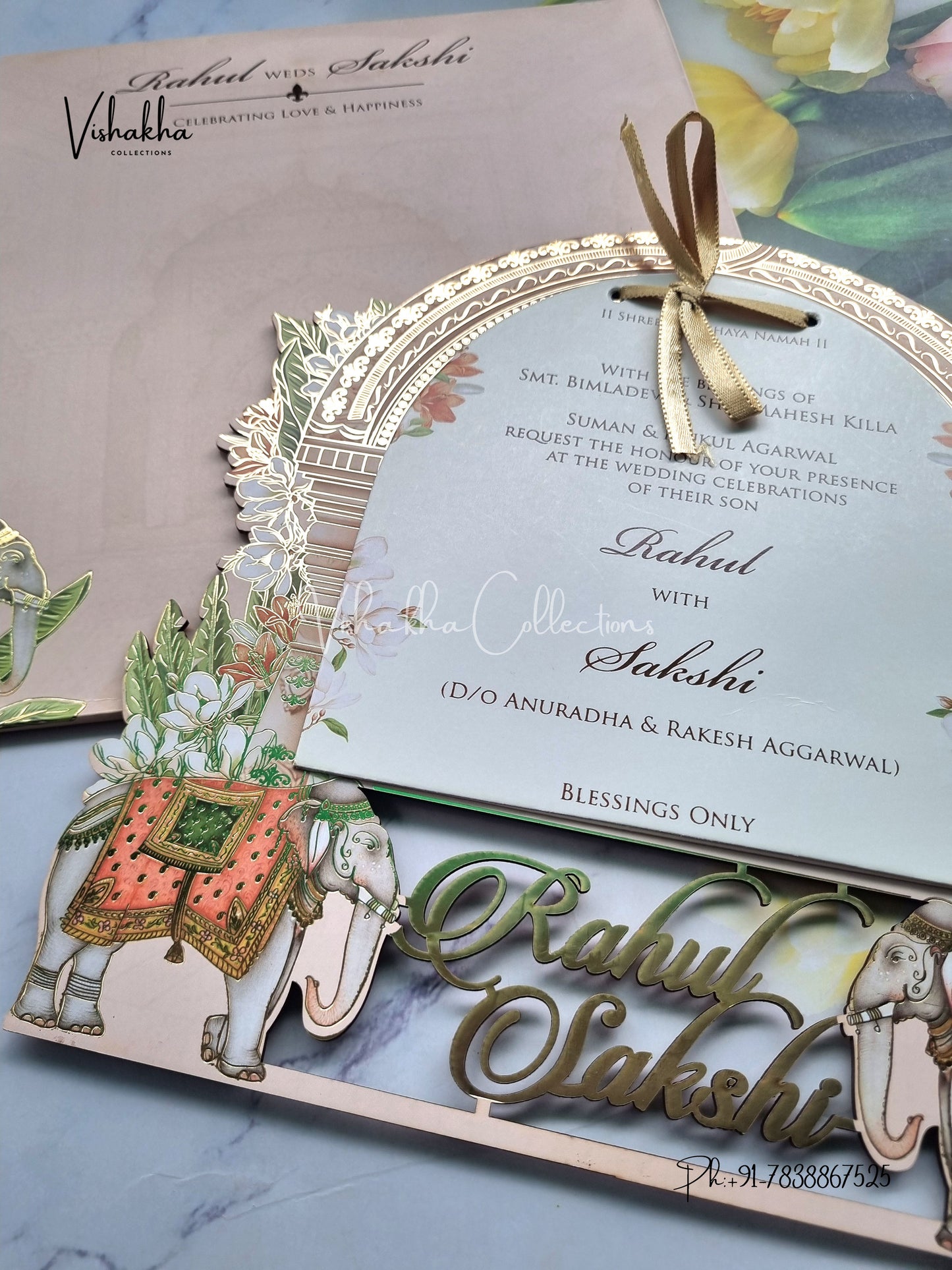 Semi Box Hathi Hindu Muslim Christian Sikh Named MDF Laser Cut peach Colored invitation Cards SK-3483