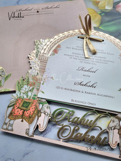 Semi Box Hathi Hindu Muslim Christian Sikh Named MDF Laser Cut peach Colored invitation Cards SK-3483