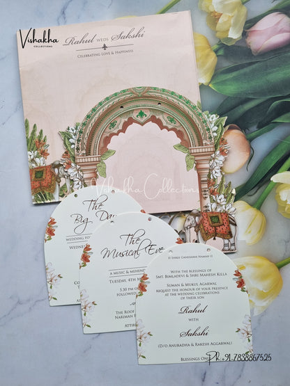 Semi Box Hathi Hindu Muslim Christian Sikh Named MDF Laser Cut peach Colored invitation Cards SK-3483